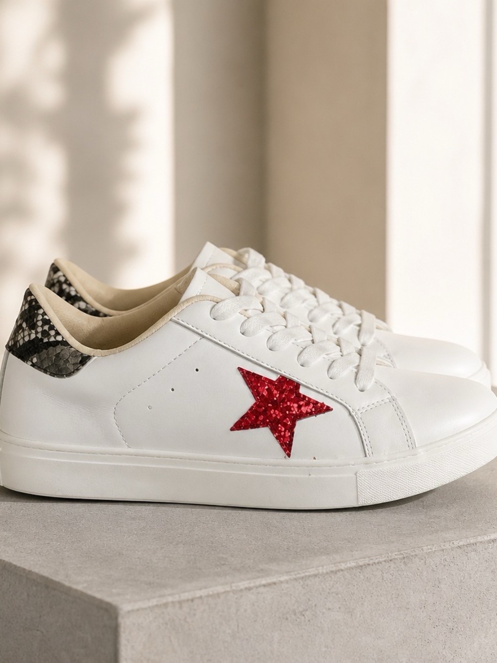 White  Lace-Up Sneakers with Red Star and Snake-Print Heel